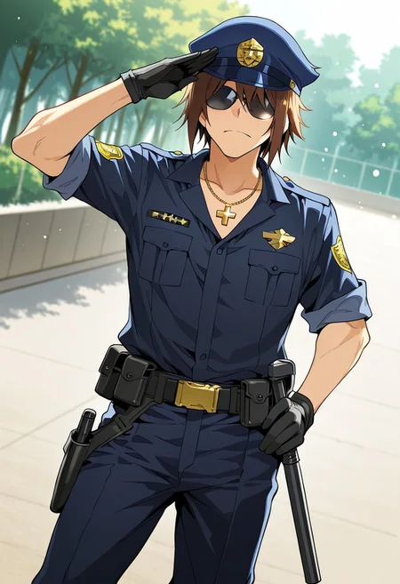 score_9, score_8_up, score_7_up, score_6_up, source_anime, BREAK, 1man, solo, (( <lora:hentai_mc:1> , hentai_mc, faceless, shaded face, toned body, manly, strong male, alfa male, short brown hair, hair over eyes, charismatic male, )) , ((very cool black-lens sunglasses, black shirt, black trousers with gold belt, thick gold yakuza necklace, )) , hentai_mc as policeman, ((japanese summer police uniform, light-blue collared shirt, tucked shirt, rank slides, rank insignia, sleeves rolled up, ryakubo cap, fatigue cap, dark blue pants, walkie-talkie, hip holster, utility belt, belt pouch, handcuff pouch on hip, police baton on hip, black gloves, black boots, )) , outdoor, standing, (salute, hand on cap, ) , serious expression, ooking away, day, simples background, blurred background, upperbody, dutch angle, cowboy shot, movie still, perfect face, vibrant, vivid, stardom, glamorous, extraordinary achievement, award-winning, expressionist, cinematic, cinematic still, emotional, harmonious, vignette, bokeh, cinemascope, moody, epic, depth of field