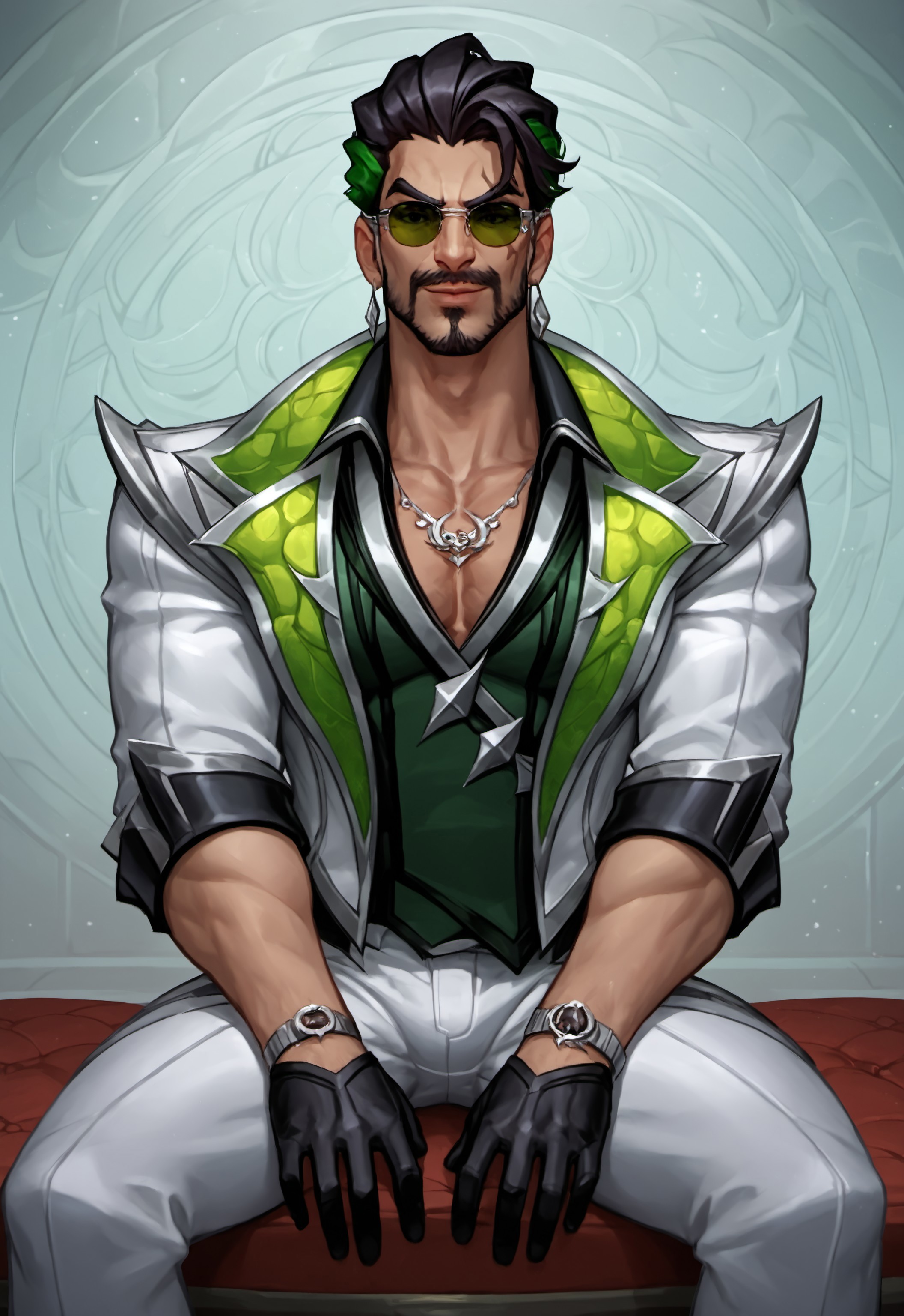 safe_pos, safe_pos, safe_pos, safe_pos, score_9, score_8_up, rating_nsfw, ultra hd, absurdres, best quality, best aesthetic, masculine, solo, 1boy, male focus, perfect proportions, handsome, erotic, alluring, mature male, coloured

LeagueDDraven, black hair, facial hair, jewelry, jacket, black gloves, white pants, sunglasses, looking at viewer, grinning, half body, detailed background, sitting on red sofa, wooden wall