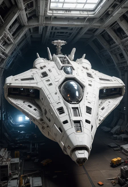 (medium full shot) of (state-of-the-art gigantic white spaceship) with crystalline hull, gravitic drives, modular sections, alien glyphs, set in salvaging valuable technology from an abandoned spaceship, the spaceship carefully dismantling and transporting the components, Masterpiece,best quality, photo, realistic, very aesthetic,