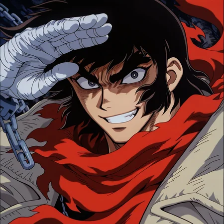 1boy,solo,<lora:IL_nagare_ryoma_Getter_Robo_Armageddon:1>,c_gett,nagare ryoma,
trench coat,torn clothes,shirt,bandages,red scarf,g-pant,foreshortening,dutch angle,chain,close-up of face,looking at viewer,shading eyes,shaded face,grin,, masterpiece,best quality,amazing quality,very aesthetic,absurdres,