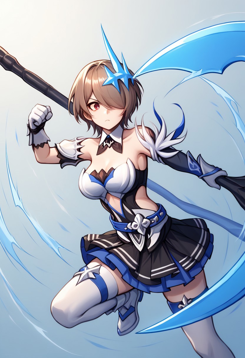 score_9, score_8_up, score_7_up, source_anime, good anatomy, 1girl, solo, RitaRossweisse, brown hair, short hair, hair over one eye, red eye, hair ornament, belt, blue belt, breastplate, white breastplate, center opening, clothing cutout, side cutout, strapless, strapless shirt, detached collar, black and blue shirt, layered skirt, black and blue skirt, miniskirt, asymetrical gloves, white and blue gloves, thigh band, arm bands, asymetrical silver and blue footwear, white thighhighs, no cape, fighting stance, one raised leg, polearm, scythe