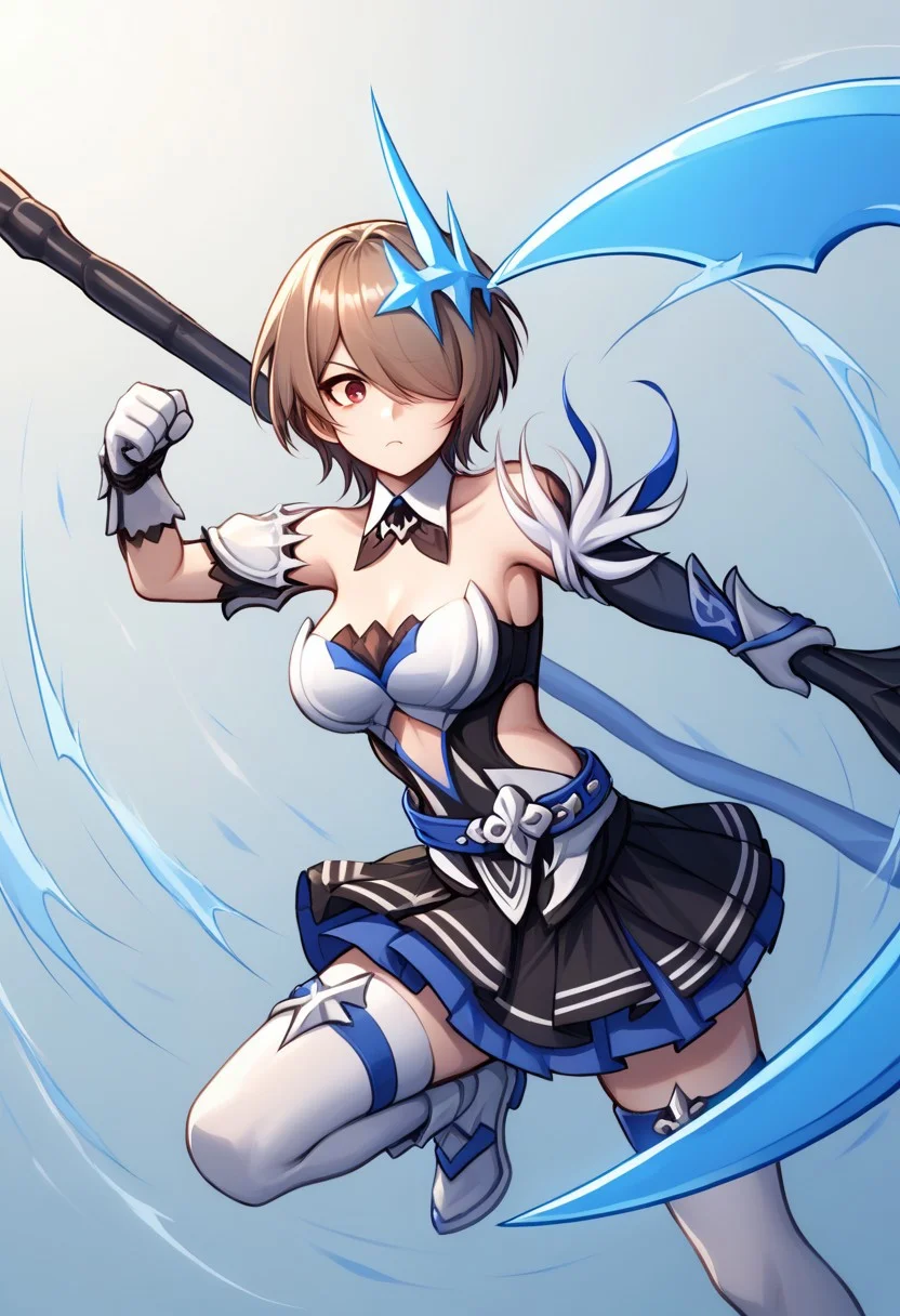 score_9, score_8_up, score_7_up, source_anime, good anatomy, 1girl, solo, RitaRossweisse, brown hair, short hair, hair over one eye, red eye, hair ornament, belt, blue belt, breastplate, white breastplate, center opening, clothing cutout, side cutout, strapless, strapless shirt, detached collar, black and blue shirt, layered skirt, black and blue skirt, miniskirt, asymetrical gloves, white and blue gloves, thigh band, arm bands, asymetrical silver and blue footwear, white thighhighs, no cape, fighting stance, one raised leg, polearm, scythe