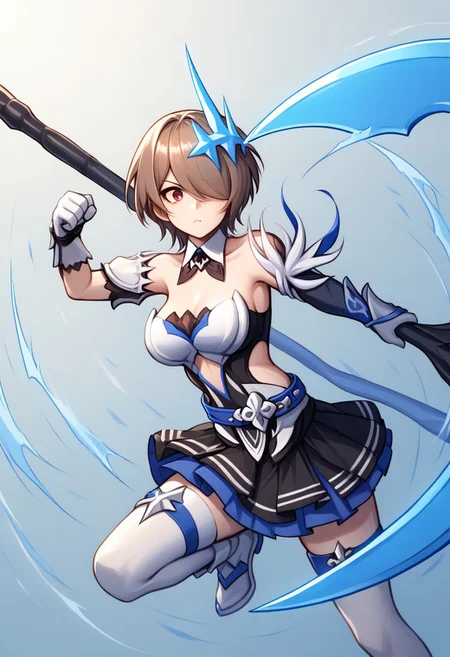 score_9, score_8_up, score_7_up, source_anime, good anatomy, 1girl, solo, RitaRossweisse, brown hair, short hair, hair over one eye, red eye, hair ornament, belt, blue belt, breastplate, white breastplate, center opening, clothing cutout, side cutout, strapless, strapless shirt, detached collar, black and blue shirt, layered skirt, black and blue skirt, miniskirt, asymetrical gloves, white and blue gloves, thigh band, arm bands, asymetrical silver and blue footwear, white thighhighs, no cape, fighting stance, one raised leg, polearm, scythe