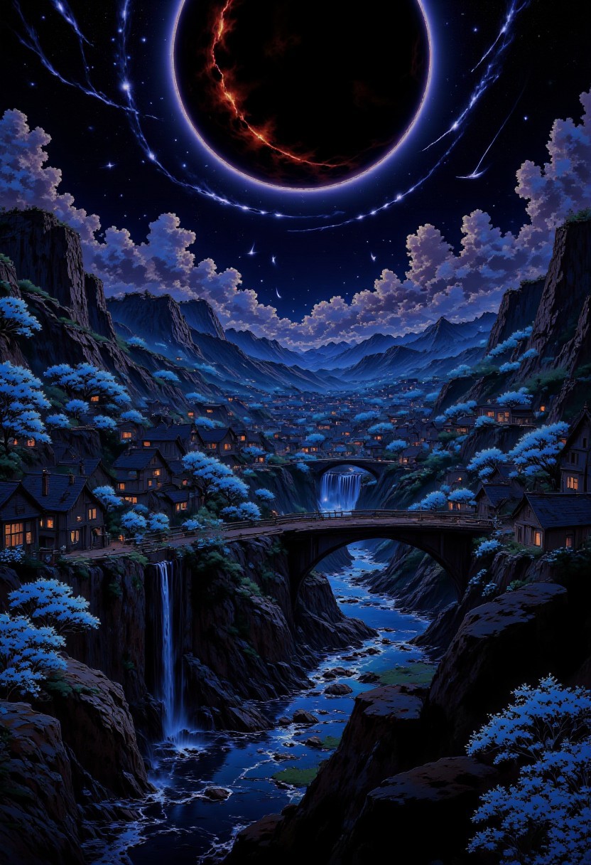 AnimeSky style, anime style, high lighting, Valley of small snowy mountains, with various small medieval houses around, with a river that emanates a little light and steam that reaches the horizon, with a large bridge, with light clouds and a sunset of purple and blue tones, completely dark sky that has a planet with a ring of considerable size with reddish colors that emanates its own light covered by some clouds, stars, shooting stars, silhouettes of birds in the sky, magical luminescent plants that fill the valley and cherry trees