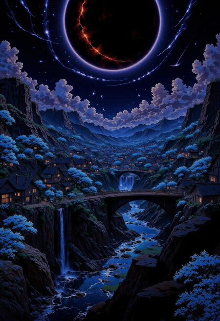 AnimeSky style, anime style, high lighting, Valley of small snowy mountains, with various small medieval houses around, with a river that emanates a little light and steam that reaches the horizon, with a large bridge, with light clouds and a sunset of purple and blue tones, completely dark sky that has a planet with a ring of considerable size with reddish colors that emanates its own light covered by some clouds, stars, shooting stars, silhouettes of birds in the sky, magical luminescent plants that fill the valley and cherry trees