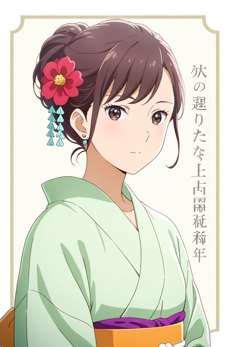 <lora:Add_more_details_pony:0.8> (flat collar) <lora:matsukaze_kanoko_illus_deaimon:1> matsukaze kanoko, 1girl, solo, looking at viewer, brown hair, hair ornament, jewelry, flower, earrings, japanese clothes, hair flower, kimono, hair bun, sash, obi, single hair bun, yukata, green kimono, outfit 5