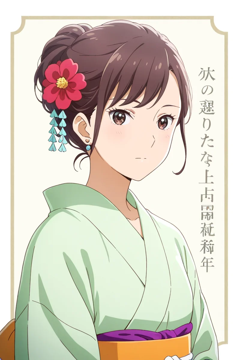 <lora:Add_more_details_pony:0.8> (flat collar) <lora:matsukaze_kanoko_illus_deaimon:1> matsukaze kanoko, 1girl, solo, looking at viewer, brown hair, hair ornament, jewelry, flower, earrings, japanese clothes, hair flower, kimono, hair bun, sash, obi, single hair bun, yukata, green kimono, outfit 5