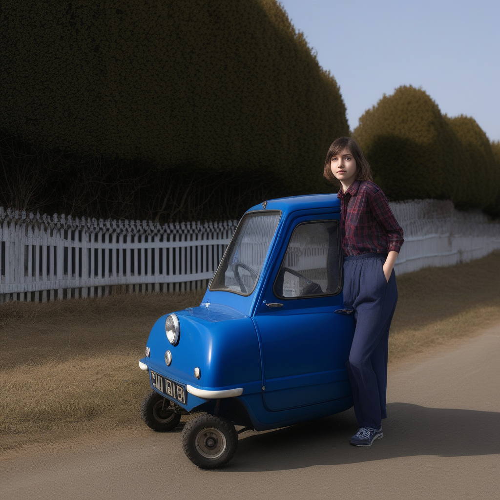 blue pants, tree, shadow, english text, vehicle focus, tiny car, fence, old man, road, grey background, 1girl, stubble