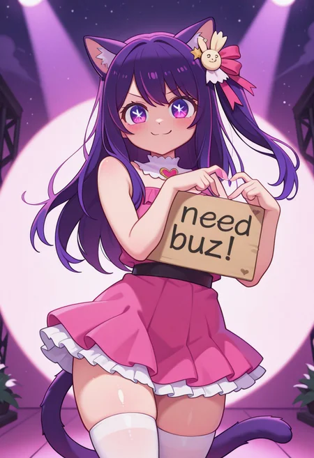 (1girl, solo), full_body, cute, perfect_face, beautiful_eyes, perfect_body, legs and arms, soft skin, (cute_pose), standing, dynamic pose, (masterpiece), colorful, stunning, (looking_at_viewer), expressive face, ((heart signs around head)), cowboy shot, filph_style, shiny skin, starry night, outdoors, stage, spotlight, need_buzz, holding sign, tainted glass, tinted glass, hoshino_ai (oshi no ko), purple eyes, purple hair, (cat girl), long hair, hair ornament, hair ribbon, skirt, white thighhighs, idol, dress, pink dress, sleeveless, pink skirt, frilled skirt, bare shoulders, collar, white collar, one side up, dancing, happy face, big smile, cat ears, cat tail, kemono, (nekomimi),