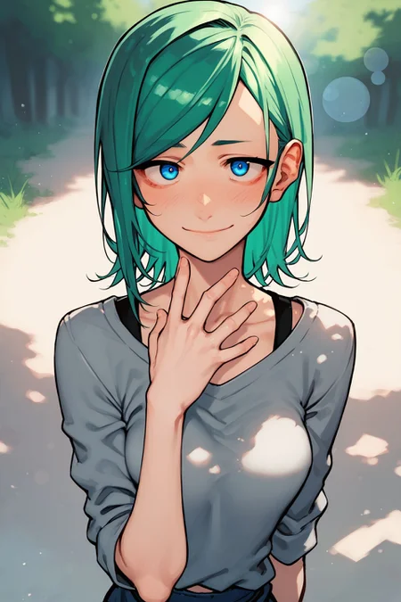 score_9, score_8_up, score_7_up, 1girl, embarrassed nose blush smile, looking at viewer, hand_on_own_chest, green hair, side-swept_bangs, long bangs, light blue eyes, medium breasts, grey clothes, outdoors, pov, lens flare <lora:kotoyama_PonyXL_style_v01:1>