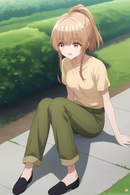 yellow shirt green pants, an-mahiru, medium breasts, 1girl, solo, skinny, masterpiece, high quality, (full body|sitting|standing|lying), outdoors, excited, score_9, score_8_up, score_7_up, source_anime, anime, anime style, ponytail <lora:an-mahiru-pony-V01-000004:0.80>