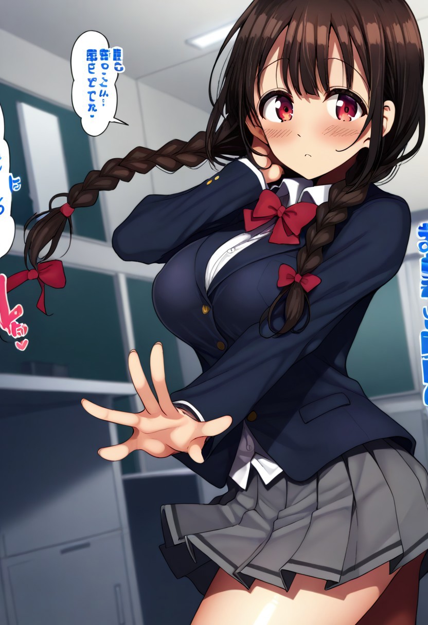 score_9, score_8_up, score_7_up, source_anime, (nsfw:1.0), BREAK, 
motsuaki,
(cute 1girl), solo, (shortstack:0.9), (large breasts), red eyes, (tareme), dark brown hair, braids, (low twinbraids), red ribbon, 
school uniform, bow, red bow tie, blazer, (blue blazer, close:1.3), mini skirt, gray skirt, 
angle:random, looking at viewer,