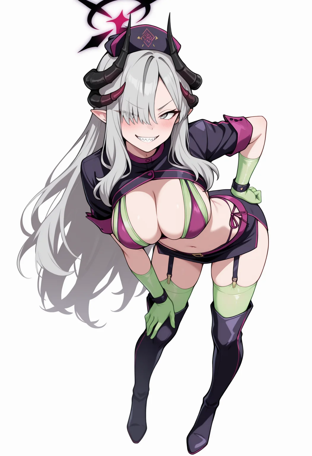 masterpiece, best quality, newest, black headwear, nurse cap, revealing clothes, shrug \(clothing\), layered bikini, green bikini, purple bikini, green gloves, rubber gloves, black skirt, microskirt, purple belt, green thighhighs, thighhighs under boots, garter straps, black footwear, thigh boots, navel, cleavage, full body, solo, 1girl, m4kotodef, blush, sharp teeth, grin, looking at viewer, standing, leaning forward, hand on own hip, hand on own thigh, long hair, grey hair, hair over one eye, multiple horns, black horns, demon horns, pointy ears, halo, grey eyes, v-shaped eyebrows, large breasts, simple background, white background
<segment:yolo-Anzhc Face seg 640 v2 y8n.pt,0.4,0.5//cid=1>