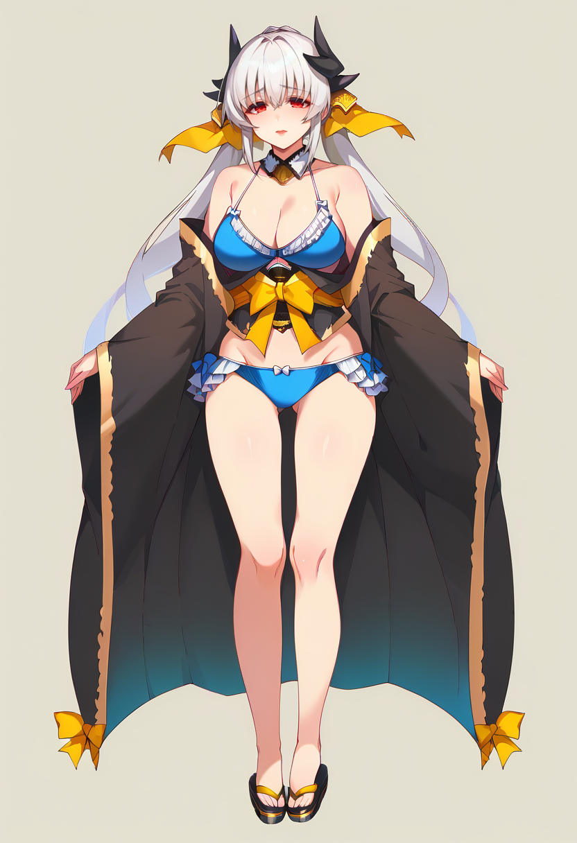 score_9,  score_7_up, BREAK 1girl,  <lora:spfateKiyohimeXLPony:1> kiyola3st, white hair, horns, yellow bow, blue bikini, cleavage, frills, frilled bikini, japanese clothes, black kimono, standing, full-body shot,  mature girl, mature female    <lora:santa_(sunflower)-Style-PonyXL-Dora-000048:1>