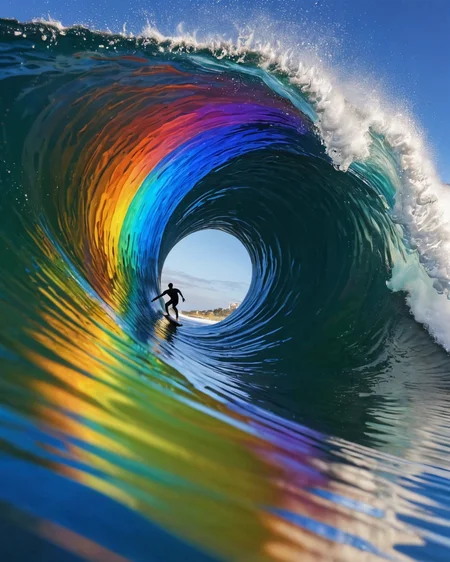 rolling wave of jewels, tube, surfer, (colorful prismatic refracted light:1.9), rainbow, blue water, reflections, transparency, intense colors, <lora:add-detail-xl:1.0>,  <lora:xl_more_art-full_v1:0.5>
