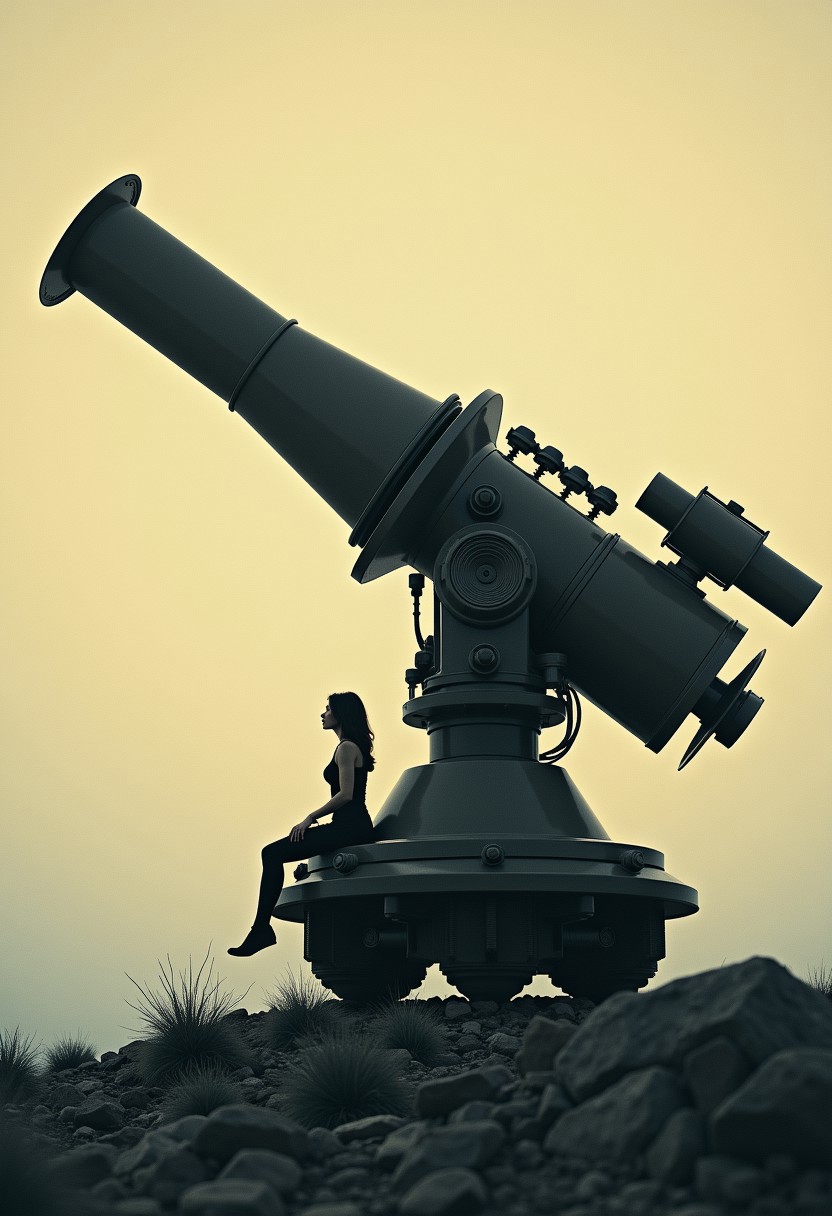 aidmaimageupgrader, a high quality digital image of a woman seated atop a large, stylized, and mechanical device. The person is positioned on the left side of the image looking up at the sky through the machine from the ground, in profile view, facing slightly to the right, seemingly operating the vehicle's controls.  The device resembles a large, complex telescope from science fiction.  It's a dark silhouette against a pale, light beige and gray backdrop that suggests a desolate or otherworldly landscape. The lighting is dramatic, with strong shadows emphasizing the contours of the machine and the figure.  The overall style is vintage, reminiscent of a film poster or concept art from the 1970s or 1980s science fiction era.  The figure is a simple silhouette, with no discernible facial features. The machine is detailed with complex geometric shapes and multiple tubes or nozzles.  The perspective is slightly angled, looking down on the machine and figure.  The atmosphere is both mysterious and technologically advanced.