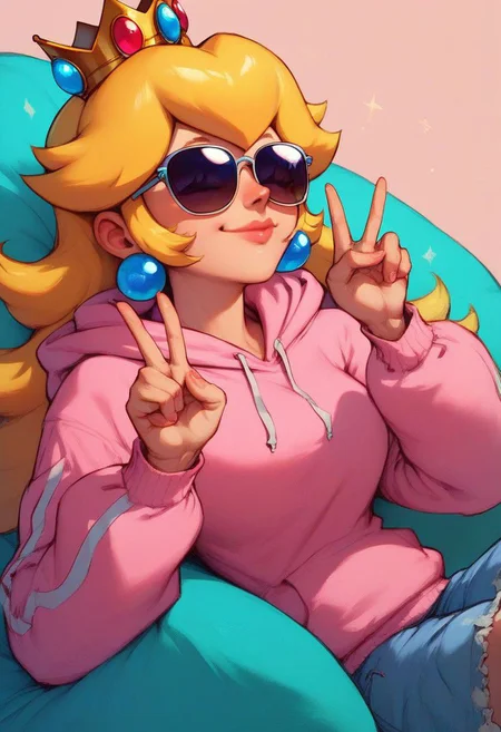 score_9, score_8_up, score_7_up, score_6_up, BREAK princess peach,hoodie,crown,sunglasses,smile,double v <lora:mfcgXL:0.8>