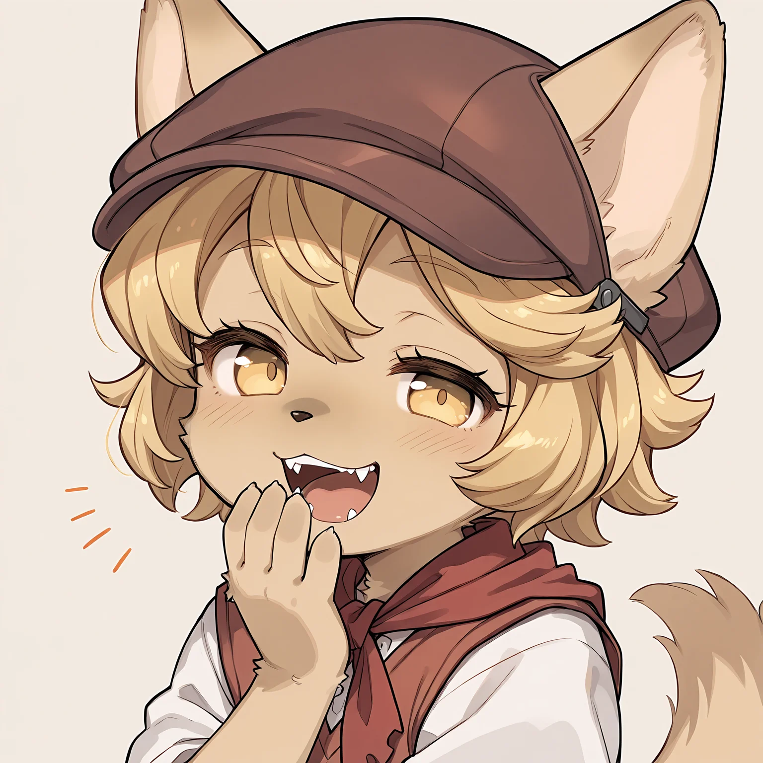 masterpiece, best quality, (absurdres), (highest quality), amazing quality, very aesthetic, no humans,
BREAK, <lora:Mei_Marzipan_Illustrious_V1:1>, mei marzipan, fuga: melodies of steel, kemono, furry female, 1girl, child, beige fur, blonde hair, yellow eyes, dog girl, animal ears, dog tail, dog ears,
BREAK, fuga 2 outfit, dress, red scarf, vest, hat,
BREAK, (solo), face focus, close-up, narrowed eyes, laugh, hand over mouth, amused, playful, open mouth, fangs, side view, looking at viewer,