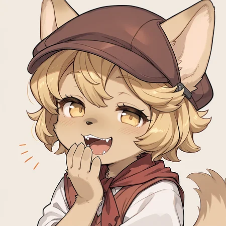 masterpiece, best quality, (absurdres), (highest quality), amazing quality, very aesthetic, no humans,
BREAK, <lora:Mei_Marzipan_Illustrious_V1:1>, mei marzipan, fuga: melodies of steel, kemono, furry female, 1girl, child, beige fur, blonde hair, yellow eyes, dog girl, animal ears, dog tail, dog ears,
BREAK, fuga 2 outfit, dress, red scarf, vest, hat,
BREAK, (solo), face focus, close-up, narrowed eyes, laugh, hand over mouth, amused, playful, open mouth, fangs, side view, looking at viewer,