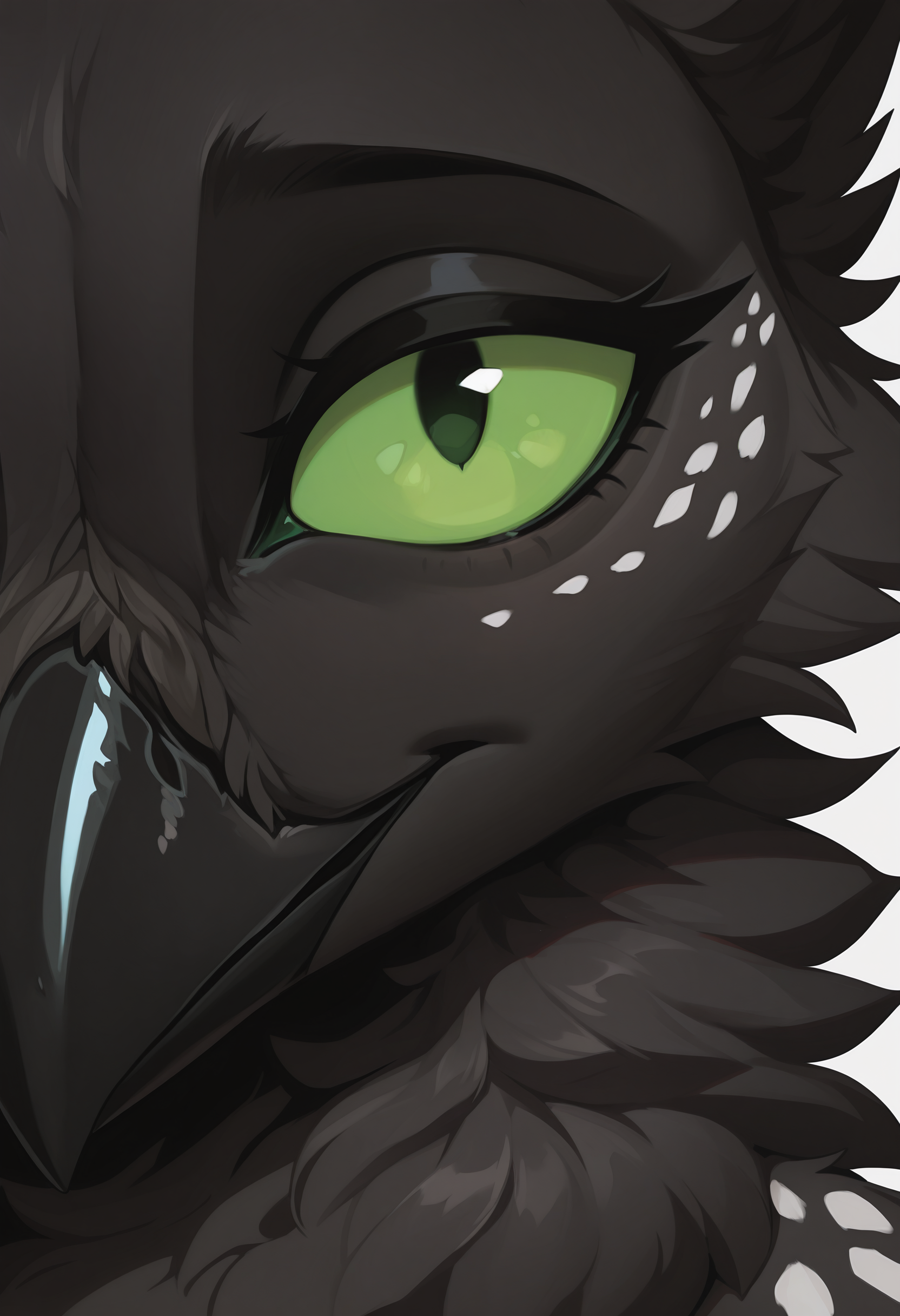 masterpiece, best quality, newest, absurdres, highres, high quality, highly detailed,
1girl, solo, velari, black body, neck tuft, slim, spotted face, green sclera, looking at viewer,
close-up, face focus, dutch angle, partially shaded face, zooming in, screen zoom,
simple background, no lineart, <lora:incase_new_style_red_ill:0.6>, <lora:bonifasko_ill:0.4>, <lora:velari_v1.3_noob:0.7>, <lora:converseILL:0.6>