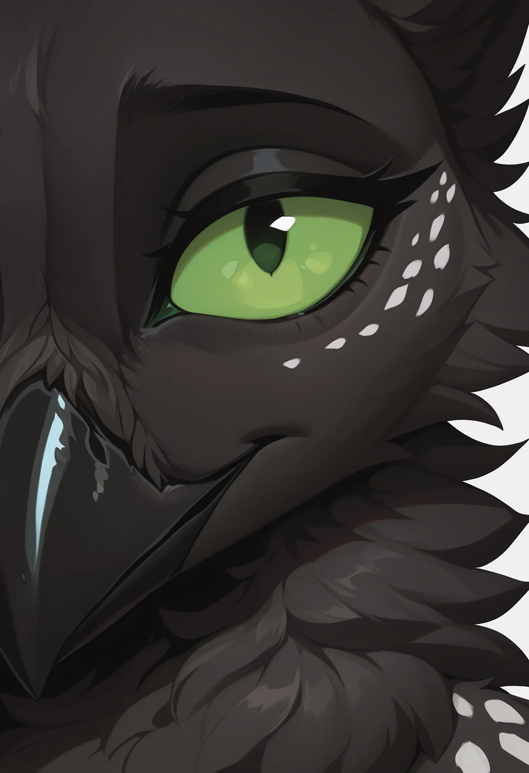 masterpiece, best quality, newest, absurdres, highres, high quality, highly detailed,
1girl, solo, velari, black body, neck tuft, slim, spotted face, green sclera, looking at viewer,
close-up, face focus, dutch angle, partially shaded face, zooming in, screen zoom,
simple background, no lineart, <lora:incase_new_style_red_ill:0.6>, <lora:bonifasko_ill:0.4>, <lora:velari_v1.3_noob:0.7>, <lora:converseILL:0.6>