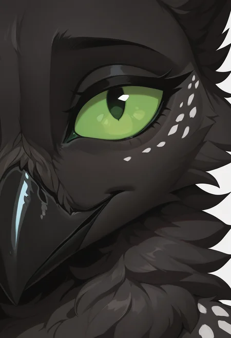 masterpiece, best quality, newest, absurdres, highres, high quality, highly detailed,
1girl, solo, velari, black body, neck tuft, slim, spotted face, green sclera, looking at viewer,
close-up, face focus, dutch angle, partially shaded face, zooming in, screen zoom,
simple background, no lineart, <lora:incase_new_style_red_ill:0.6>, <lora:bonifasko_ill:0.4>, <lora:velari_v1.3_noob:0.7>, <lora:converseILL:0.6>
