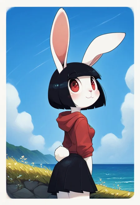 score_9, score_8_up, score_7_up, score_6_up, innocent and alluring, masterpiece, best quality, 1girl, 21 year old, (cute, anthro, female, bunny , thin body, detailed face, beautiful detailed eyes, red eyes, small round breasts, white fur, round head,bunny ears, black hair, bob cut), (outdoors, on a cliff, by the sea, windy day, a few clouds in a blue sky, grass, from behind, looking forward, red hoodie, black skirt), ((solo))