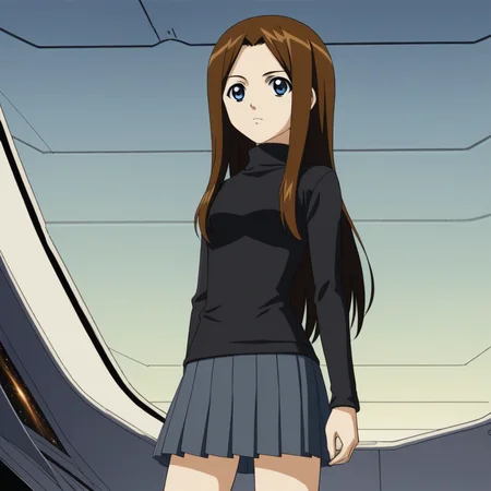 score_7_up, BREAK, source_anime, Misha Miramond, 1girl, solo, long hair, brown hair, blue eyes, <lora:Misha_Miramond_XL_Leaf1:1>, black turtleneck sweater, pleated skirt, spacecraft,