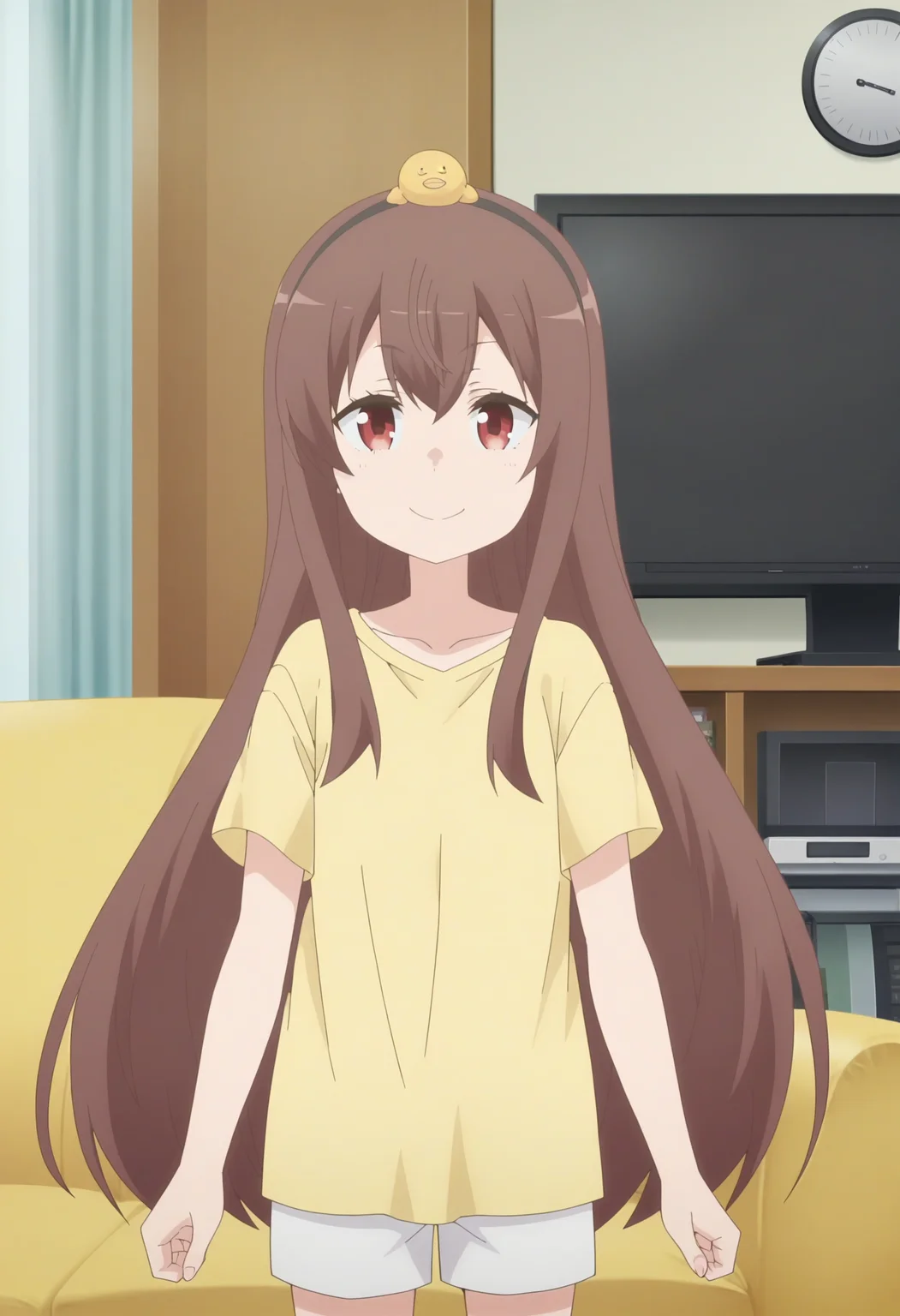 score_9, score_8_up, score_7_up, score_6_up, score_5_up, score_4_up , anime coloring ,BREAK source_anime, anime,screencap,
1girl, solo, yuzuy, black hairband, yellow shirt, white shorts, head ornament, t-shirt <lora:PonyXL Yuzu Yukimoto V1:1>
indoors, living room, couch, television, japanese home,
smile, looking at viewer,