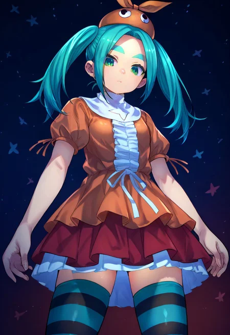 (zPDXL3),
(zPDXLxxx),
1girl,
solo,
ononoki yotsugi, highres, twintails, aqua hair, green eyes, thick eyebrows, orange headwear, orange dress, striped thighhighs, expressionless,
medium shot,
from below,