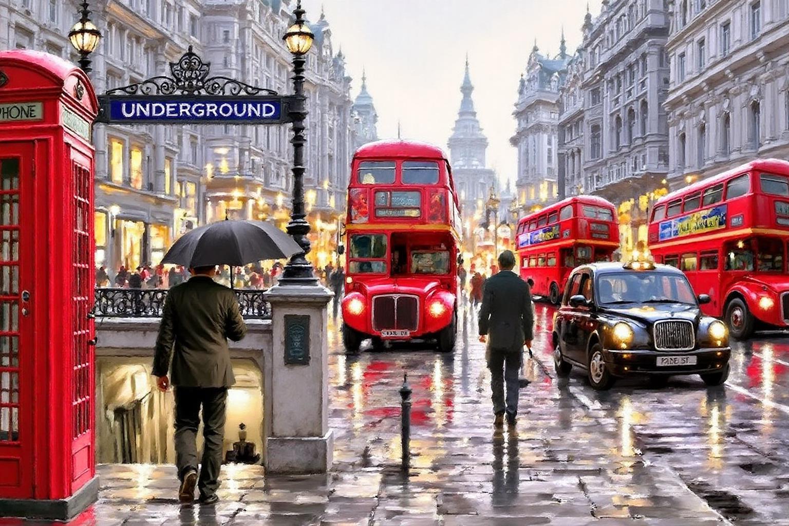 richardmacneil1 painting. A rainy city street in London. A red telephone booth is in the foreground on the left. A man with an umbrella walks toward a subway entrance, with a sign above that says "UNDERGROUND subway." The wet street reflects lights from vehicles and buildings. Classic red double-decker buses, a black taxi, and ornate buildings are in the background <lora:richardmacneil1_cap_d8a4e11:1.0><lora:853226850619541910:0>