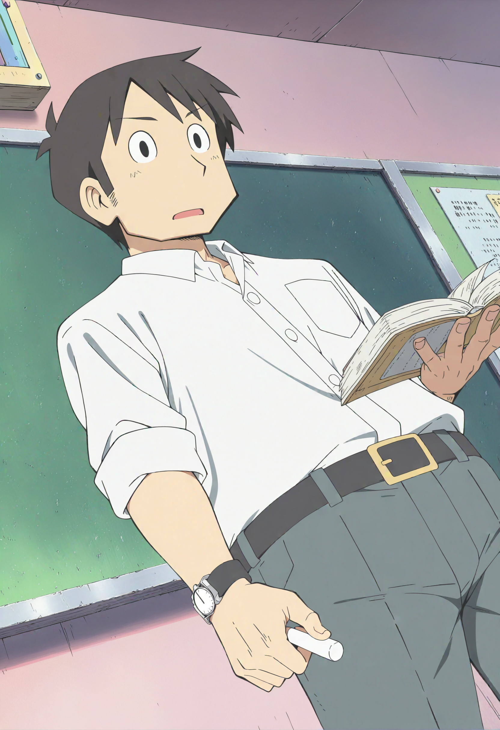 masterpiece, best quality, newest, absurdres, highres, very awa, 1boy, male, male focus, takasaki manabu, solo, black eyes, official style, anime coloring, anime screenshot, chalkboard, holding, book, indoors, white shirt, holding chalk, classroom, belt, pants, wristwatch, watch, holding book, teacher, bulletin board, collared shirt, closed mouth, grey pants, solo focus, open book, standing, black belt, pocket, paper, breast pocket, sleeves rolled up, dress shirt, school, belt buckle, dutch angle, from below