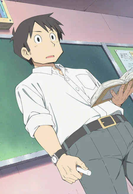 masterpiece, best quality, newest, absurdres, highres, very awa, 1boy, male, male focus, takasaki manabu, solo, black eyes, official style, anime coloring, anime screenshot, chalkboard, holding, book, indoors, white shirt, holding chalk, classroom, belt, pants, wristwatch, watch, holding book, teacher, bulletin board, collared shirt, closed mouth, grey pants, solo focus, open book, standing, black belt, pocket, paper, breast pocket, sleeves rolled up, dress shirt, school, belt buckle, dutch angle, from below