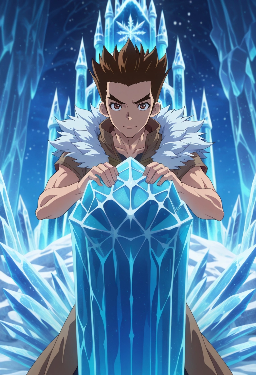 masterpiece, best quality, , anime screencap, anime coloring, official style, looking at viewer, 1boy, solo, male focus, <lora:taiju_ooki_ilxl:0.96>, taiju_ooki, brown hair, brown eyes, short hair, spiked hair, ice castle, frost patterns, crystal windows, frozen throne, royal pose, dignified expression, morning light,