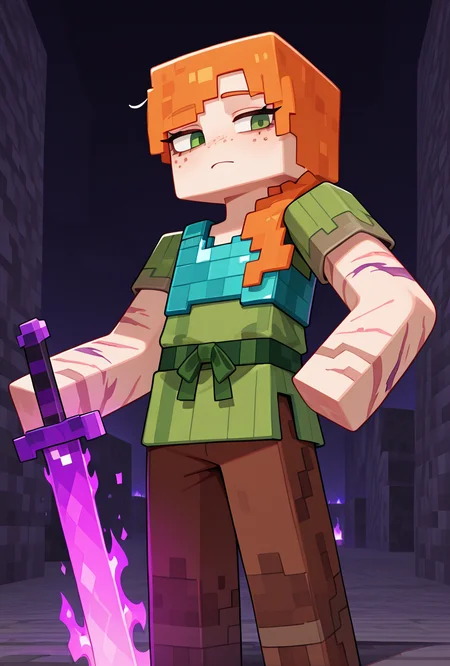 <lora:alexmc-10:1> alexmc, orange hair, 1girl, solo, green eyes, long green shirt, brown pants, short sleeves, freckles, square arms, square body, green waist ribbon,  minecraft end, minecraft end dimension, long tall black pillars in the background, fighting black dragon, purple fire, purple sword, blue chest plate armor,  scars, injury,, masterpiece, best quality, amazing quality, very aesthetic, absurdres, newest,