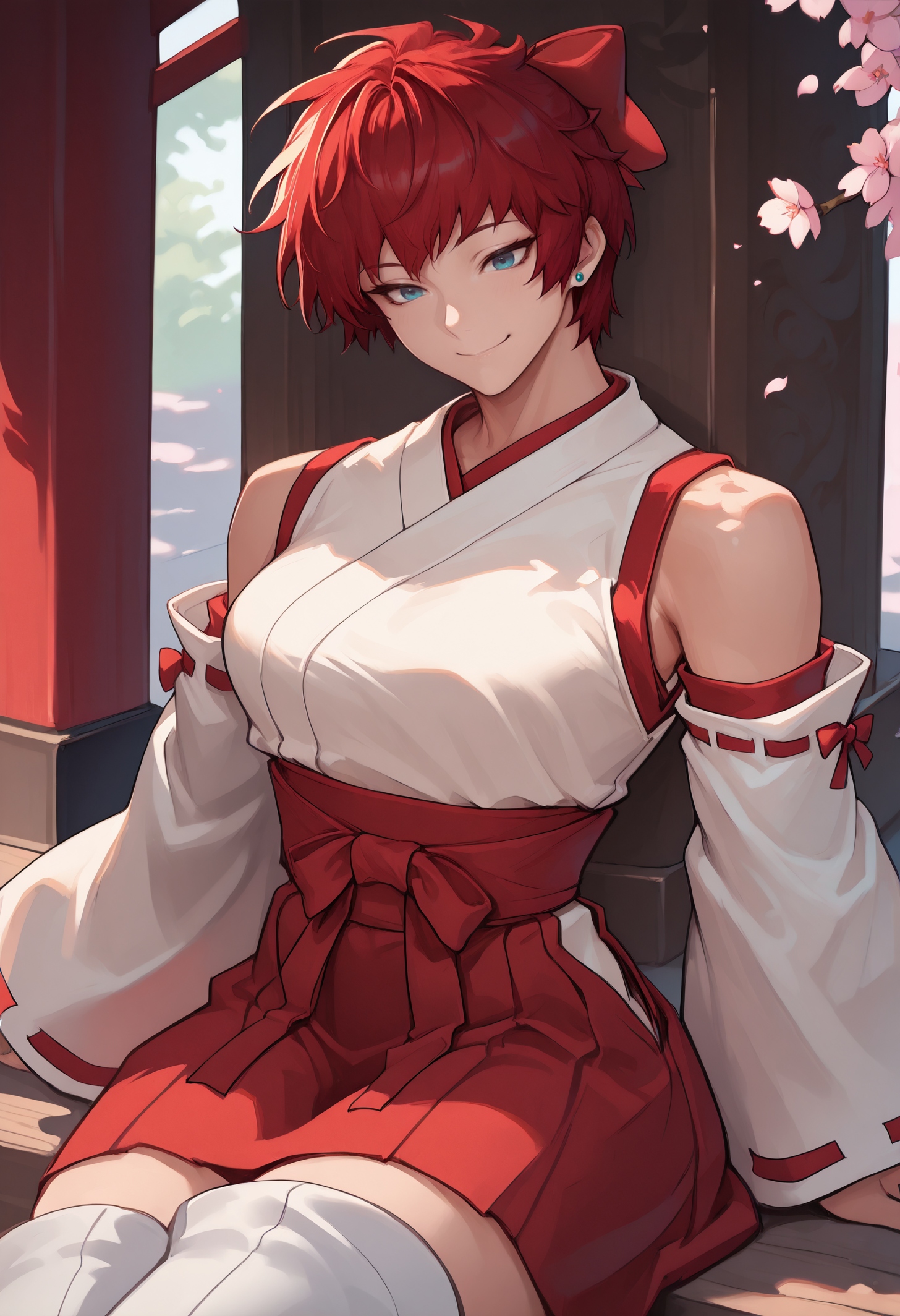masterpiece, best quality,mmixmorg, <lora:MorgyMixStyle-illustXL_V1-Manityro-CAME:1>,
 1girl, solo, akmktb, tomboy, short hair, red hair, blue eyes, stud earrings, jewelry, hair bow, nontraditional miko, detached sleeves, wide sleeves, bare shoulders, red ribbon, thigh boots, white boots,cherry blossoms,dappled sunlight,shrine,cowboy shot,sitting,smile, <lora:akwmk_idxl_EliPot:1>
