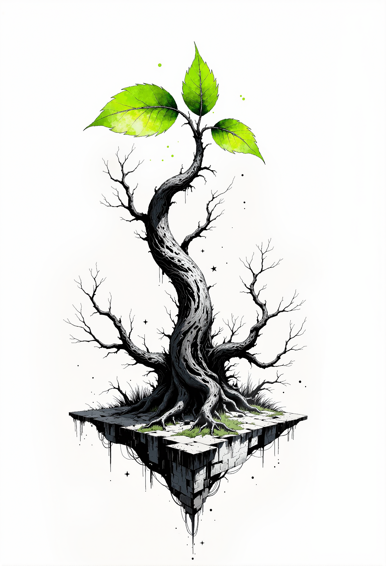 Create a mesmerizing black-and-white but green artwork in a hand-drawn style that emphasizes intricate linework and delicate textures. The scene depicts an otherworldly tree standing alone atop a small cube-like floating island, its twisted branches reaching skyward as though searching for something beyond comprehension. The island drifts in a vast, weightless void, surrounded by faint wisps of mist and scattered stars. The artwork is minimalist yet deeply evocative, with fine crosshatching and subtle gradients adding depth and dimension to the tree's gnarled bark and the soft, uneven terrain of the island. Every detail is rendered with precision, creating a sense of surreal timelessness. Breaking the monochrome palette, a single vivid green leaf grows from the highest branch of the tree, a symbol of life and renewal that contrasts powerfully against the stark black-and-white surroundings, drawing the viewerâs gaze to this poignant focal point. black background with few stars. <lora:FluxDFaeTasticDetails.safetensors:0.2>,  <lora:Fluxartis 28.11A.safetensors:1.0>,  <lora:VividlySurrealV2.safetensors:0.6>,  <lora:VividMidjourneymimic-Flux_v1.0.safetensors:0.1>,