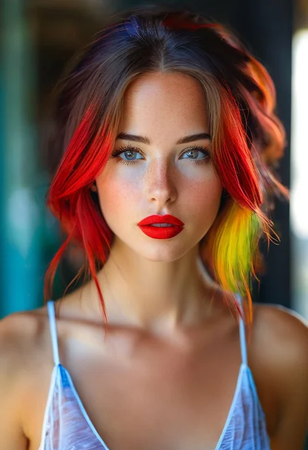 1girl, bellissima, blurry, brown hair, dress, freckles, grey eyes, jewelry, lips, long hair, looking at viewer, multicolored hair, nose, parted lips, realistic, red lips, shirt, solo, tank top