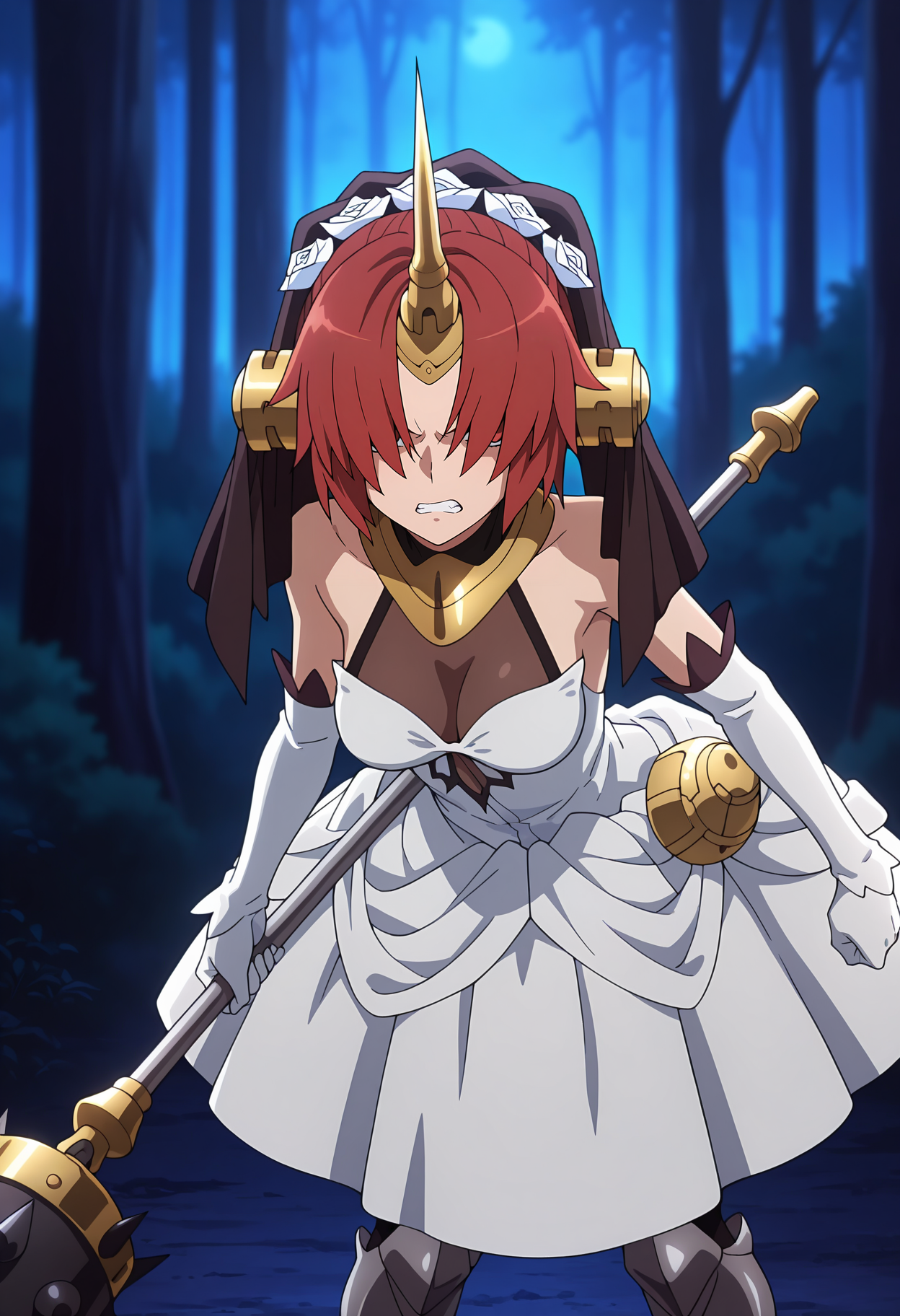 anime screencap, masterpiece, best quality,
<lora:FateApocrypha_Frankenstein_IlluXL:0.9>,
1girl, solo, angry, leaning forward, clenched teeth,
short hair, hair over eyes, covered eyes, red hair, headgear, single horn,
brown veil, hair rose, white rose, sleveless dress, long dress, white dress, see-through cleavage, medium breasts, elbow gloves, white gloves,
greaves, grey footwear,
holding mace, bridal chest \(fate\), 
arms at sides, standing, looking at viewer, cowboy shot,
outdoors, forest, night, dark, blurry background