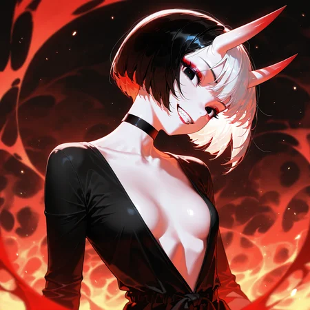1girl, solo, grin, perfect face, perfect body, seductive pose, short hair, long white horns,  looking at viewer, white hair, oni horns,  choker, makeup, oni, (small breasts, flat breasts), upper body, bob cut, shirt, masterpiece, newest, absurdres,very aesthetic, black hair, black eyes, white skin, red theme, extreme particles, flat colors, white background, detailed background, hell, standing, facing viewer, looking at viewer, simple, best quality