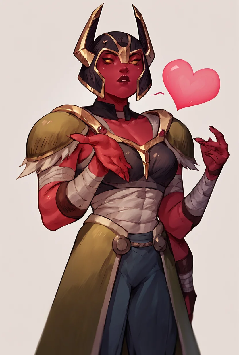 score_9, score_8_up, score_7_up,, good quality ,, character focus, solo, , best quality , <lora:looma-09:0.85> looma, solo, red skin, armor, 1girl, bandages, shoulder armor, helmet, horns, <lora:frieren_blowing_a_kiss_pony:1> blowing kiss, heart
