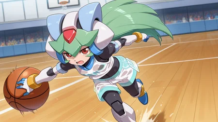 solo, dynamic camera,, masterpiece, best quality, amazing quality, very aesthetic, absurdres, newest, anime screencap, <lora:pandoraILM:1.4>, pandora (mega man), yabe makoto, mega man zx, android, bangs, red eyes, long hair, very long hair, green hair, white helmet, headwear, forehead jewel, robot ears, small breasts, joints,, see-through, basketball, basketball uniform, basketball (object), basketball shorts, ball, sportswear, dribbling (basketball), sweat, wet, sweatdrop, fast action, basketball court, open mouth, running, looking away, dribbling, speed lines, dynamic pose,