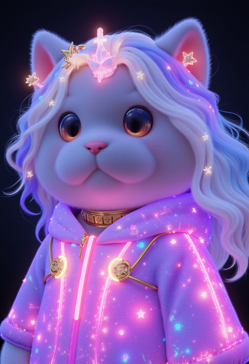 A fluffy white anthropomorphic cat girl close-up, transformed into a charming space princess. She has long, flowing pastel-colored hair styled in loose waves, adorned with star-shaped clips that catch the light. She wears a vivid neon galaxy hoodie adorned with sparkly jewelry, radiating a luminous ethereal halo. The darkness envelops her, illuminated solely by the glowing patterns of her dress. The image is of high quality, hyper-detailed, showcasing her beautifully detailed fur with a soft and whimsical aura.