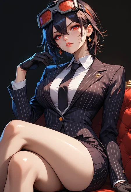 score_9,score_8_up,score_7_up,score_6_up <lora:grace_howard_zzz_pdxl_v1_goofy:1>1girl, goggles on head, hair between eyes, red eyes,black hair,large breasts,1girl, black gloves, black necktie, black skirt, black suit, breasts, buttons, collared shirt, crossed legs, earrings, eyelashes, formal, gloves, grey shirt, hair between eyes, jewelry, necktie, parted lips, pinstripe pattern, pinstripe suit, red pupils, shirt, short hair, skirt, solo, suit, black background,