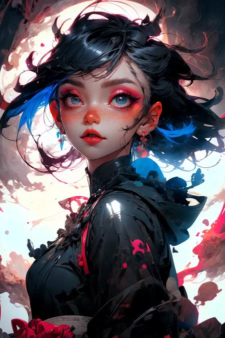 close-up shot, woman, gothic make-up, detailed skin, light freckles, shallow depth of field, OverallDetail
<lora:more_details:0.4>
 <lora:Cosmic anime-oil fusion v2:0.45> 
<lora:AnimeVibesV3:0.3> animevibes, 
<lora:3DMM_V11:0.5> 3DMM 
<lora:midjourney_20230624181825:0.7> midjourney ,
 <lora:LAS:0.5> cloud,colorful,
<lora:msw_locon-t2:0.6>
 <lora:wuxia2:0.6> gu,
 <lora:CyberpunkStyleV1:0.2> PunkAI ,
<lora:CatgirlMaidV1.0-000003:0.35> CatgirlMaid, shiny, shiny hair, shiny skin, shiny clothes