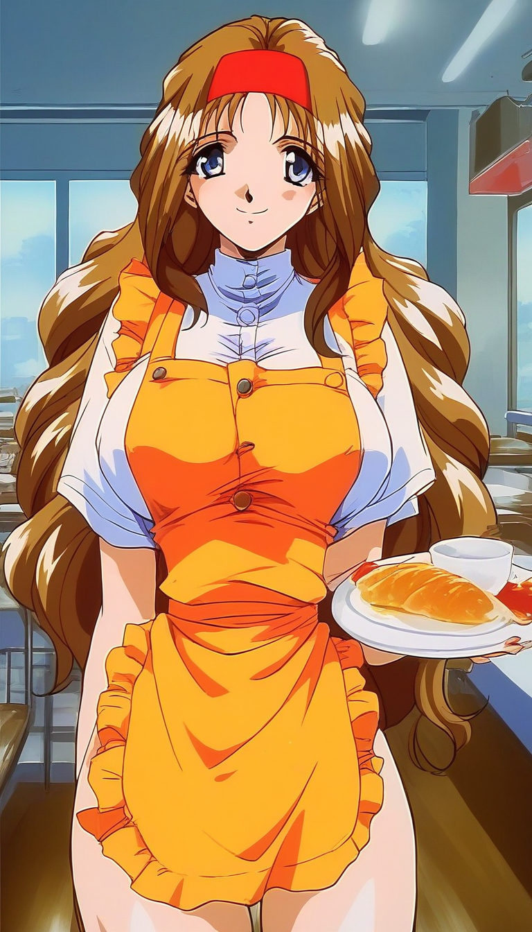 score_9, score_8_up, score_7_up, source_anime, rating_explicit, BREAK <lora:Kokubo_Reika_OVA_XL:1>Kokubo_Reika_OVA, brown hair, long hair, blue eyes, large breasts, 
1girl, solo, red hairband, waitress, Yellow bow, smile, orange apron,
restaurant, room,