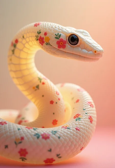 sss, subsurface scattering, translucent. The image is a high-resolution photograph of a translucent snake, showcasing an ethereal, elegant aesthetic. The snake's body is a delicate combination of white, beige, and soft pink hues, with its translucent scales revealing a subtle inner glow. Its body is adorned with intricate, colorful Asian-inspired tattoos of vibrant leaves and flowers, their bold, vibrant colors enhanced by the soft translucence of the snake's body, creating an almost glowing effect.
The snake’s slender form appears graceful, with tightly packed scales that shimmer faintly as they reflect light. The snake’s head is prominently displayed, exuding an intelligent and serene presence, with large, almond-shaped black eyes that give it a captivating expression. Its scales have a soft, matte texture that contrasts with the vivid patterns of the floral tattoos.
The background is a gradient of warm, soft beige transitioning into a subtle, light pink, creating a harmonious blend that complements the snake's color palette while keeping the focus entirely on its intricate details. The snake’s body is gently coiled in a visually pleasing arrangement, enhancing its sinuous nature and emphasizing its fluid elegance. The lighting is diffuse and warm, accentuating the translucent glow of its body and the intricate beauty of the colorful tattoo-like patterns.