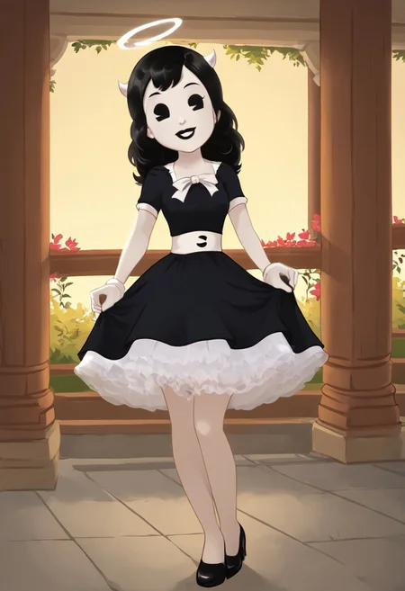 (Masterpiece, best quality:1.2), score_9, score_8_up, flat color, flat shading, soft shading, lighting, Alice Angel in a long 1950's dress, a fluffy frilly ruffled full petticoat, and high heels, dress, layered petticoat, frilly petticoat, fluffy petticoat, full petticoat, wide dress, flowing dress, solid colored skirt, short sleeves, black hair, Bendy and The Ink Machine, series accurate, cute, best high quality, high res, black lips, white colored skin, whole body shot, 1girl, solo, outside, posing, in a garden, cute, adorable, smile, skirt tug, ground level angle, dress lift, cartoon, cartoon style, vector, solo, circle dress, 1950s, alice angel