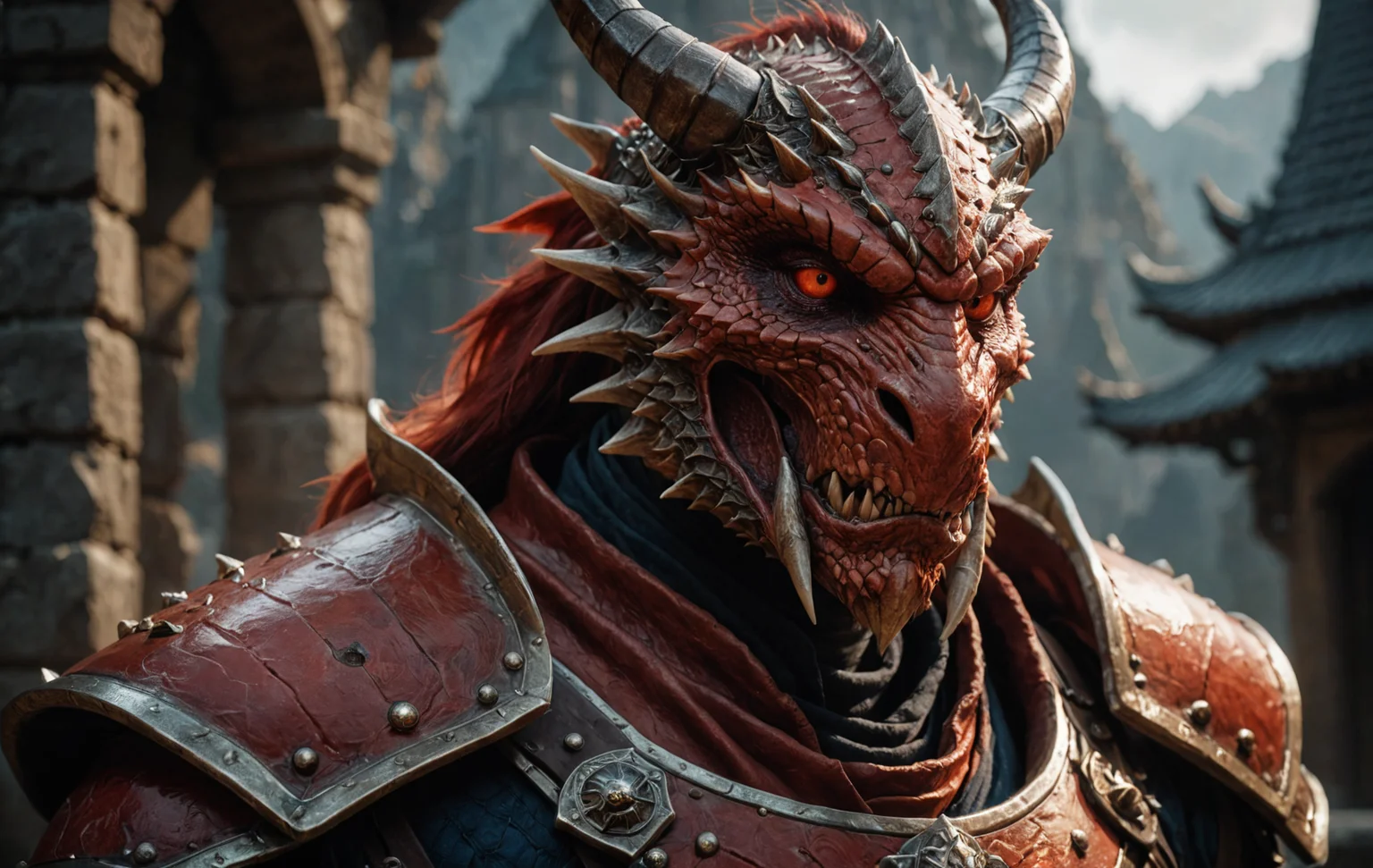 cinematic film still, close up, photo of a red Dragonborn, in the style of hyper-realistic d&d, full plate, sony fe 12-24mm f/2.8 gm, close up, 32k uhd, light navy and light amber, kushan empire, amazing quality, wallpaper, analog film grain <lora:aesthetic_anime_v1s:0.5> <lora:add-detail-xl:1.1>