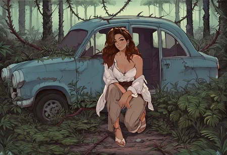 score_9, score_8_up, score_8, 1girl, full body shot of a woman next to a doe, smile, breasts, cleavage, a photo of a beautiful woman, brown hair, in a linen pants and white sexy shirt, tailor clothes, hair of medium length, fluttering in the wind, doe, an old abandoned car, jungle, full body, blush, flowing hair, makeup, earing, outdoors, ivy, thorns, grass, a jungle forest, leaf, bush, plant, roots, branch, long hair, solo, drawing, retro, vintage, art, style, Astral Grave <lora:Astral Grave:1.2> <lora:Pony_DetailV2.0:1>